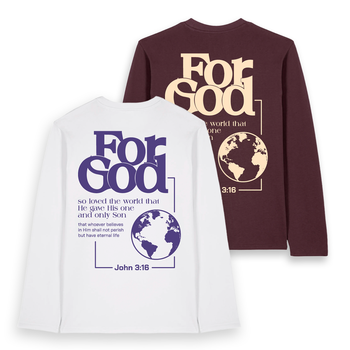 COMBIDEALš¤ The unisex long sleeves Tee; For God - John 3:16 (White x Purple)( White x Black)(Red Brown x Cream)(Navy Blue x White)