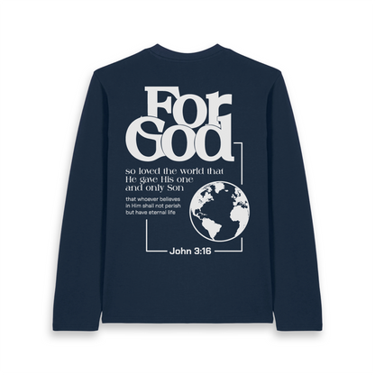 The unisex long sleeves Tee; For God - John 3:16 (Navy Blue x White)